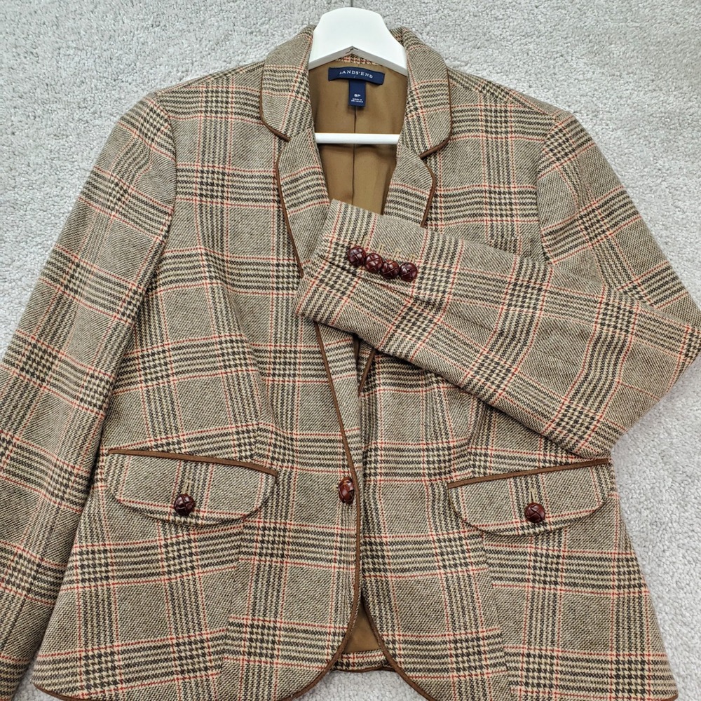 Lands' End Blazer Jacket Womens 8P Tan Glen Plaid Wool‎ Notch Lapel Old Money